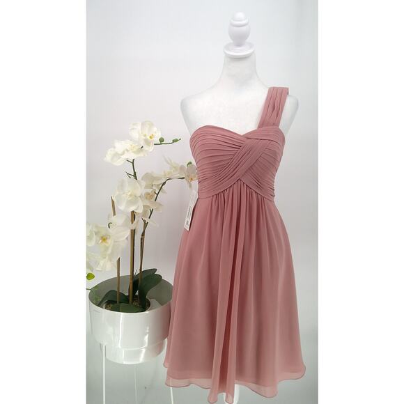 NWT Azazie Dusty Rose One Shoulder Pleated Chiffon Evening Dress Size A2 - Picture 1 of 10